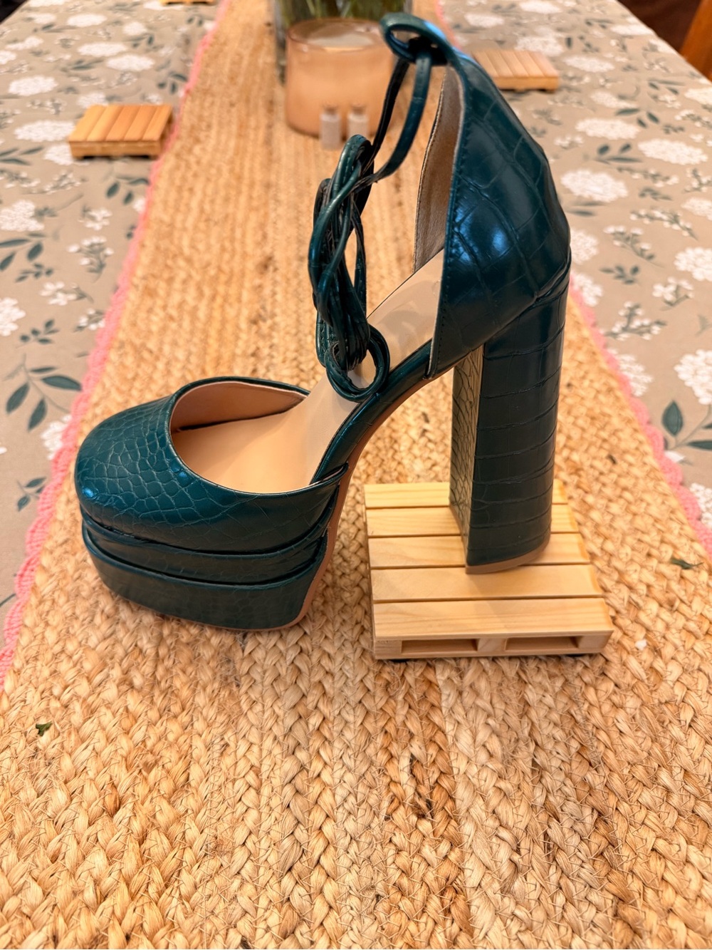 Teal Croc-Embossed Platform Ankle-Strap Pumps - Picture 4 of 7